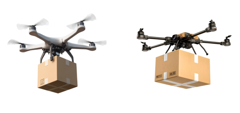 Drone carrying a box, isolated on a transparent background