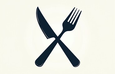 Minimalistic illustration. Two crossed kitchenware silverware dark navy blue knife, fork. Design element. Food concept for cafe, restaurant, bistro cooking channel. Dinning, kitchen cutlery,