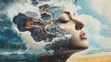 Surreal Ocean Waves Crashing Through a Woman's Mind