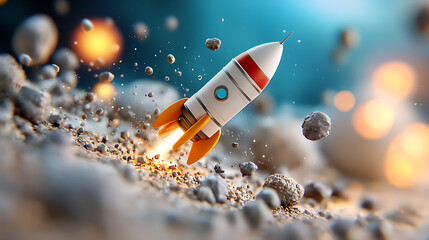 Rocket launching into a layered asteroid belt space digital artwork cosmic environment close-up view adventure and exploration