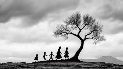 Silhouette of Family Walking Under a Tree Against a Dramatic Cloudy Sky Background