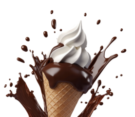 a delicious ice cream cone topped with swirls of soft serve and drizzled in rich chocolate sauce surrounded by splashes of chocolate creating a tempting and indulgent visual treat
