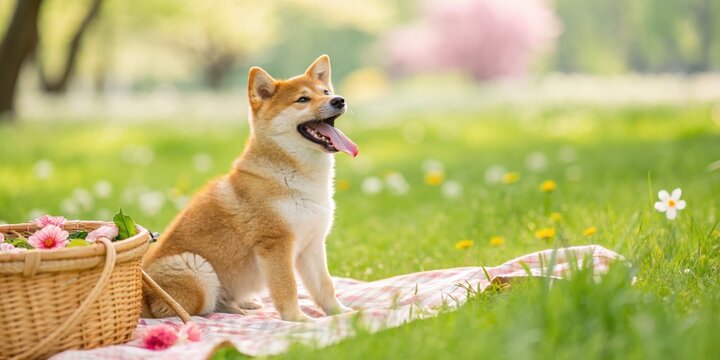 Playful shiba inu dog relaxing in a flower-laden picnic setting outdoors photography lush greenery close-up joyful companionship