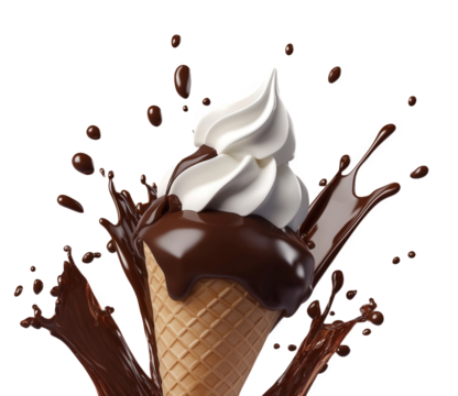 a delicious ice cream cone topped with swirls of soft serve and drizzled in rich chocolate sauce surrounded by splashes of chocolate creating a tempting and indulgent visual treat