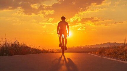 Obraz premium Rearview of the professional male cyclist wearing sunglasses, safety helmet and a sport uniform, riding a bike, athlete in motion on a sunny summer day, tour race event , Full HD, 32k Resolution 