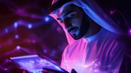 An Emirati man holding an Pad, with digital waves and glowing purple lines around him