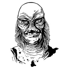 Creature from the Black Lagoon illustration: A chilling black and white illustration of the iconic creature from the Black Lagoon, rendered in stark lines and shadows. It embodies horror and suspense.