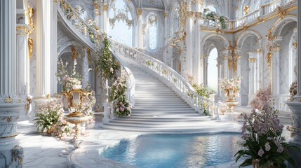 Spring festive marble stairs and arches with Hyacinth flowers and green leaves decorations, fantasy palace, stone spiral stair with floral garlands, fairytale princess castle interior, AI generated