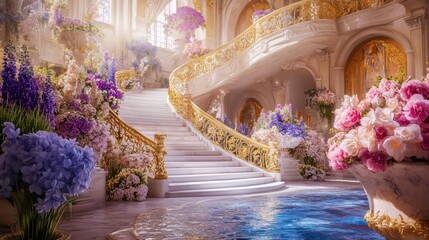 Spring festive marble stairs and arches with Hyacinth flowers and green leaves decorations, fantasy palace, stone spiral stair with floral garlands, fairytale princess castle interior, AI generated