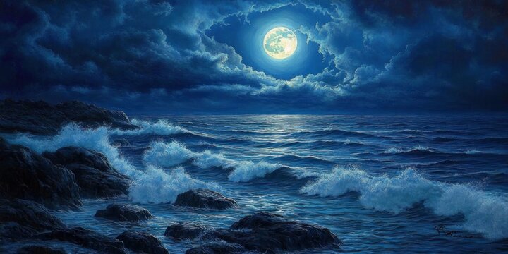 Full moon over dramatic ocean waves crashing against rocky shore at night.