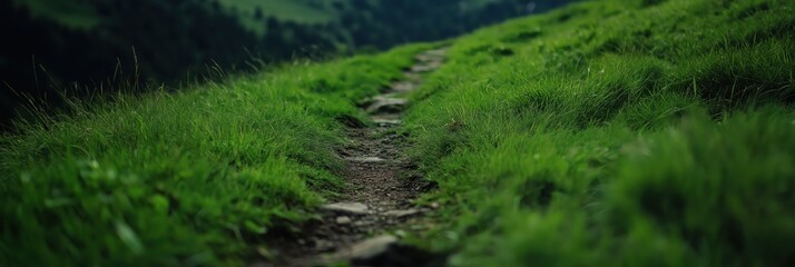 Fototapeta premium A winding pathway cutting through vibrant green grass, inviting viewers to explore a journey through nature and the beauty of simple outdoor experiences, emphasizing connection with earth.
