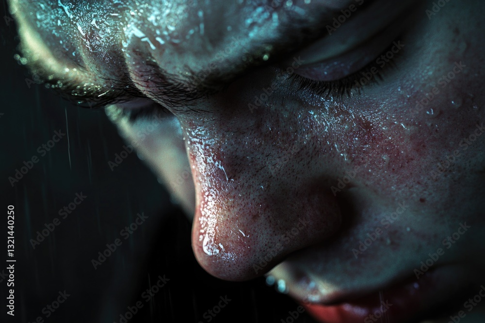 Poster close-up portrait of a man's face getting wet in the rain