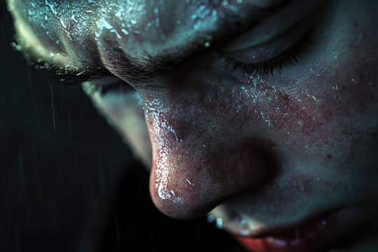 Close-up portrait of a man's face getting wet in the rain