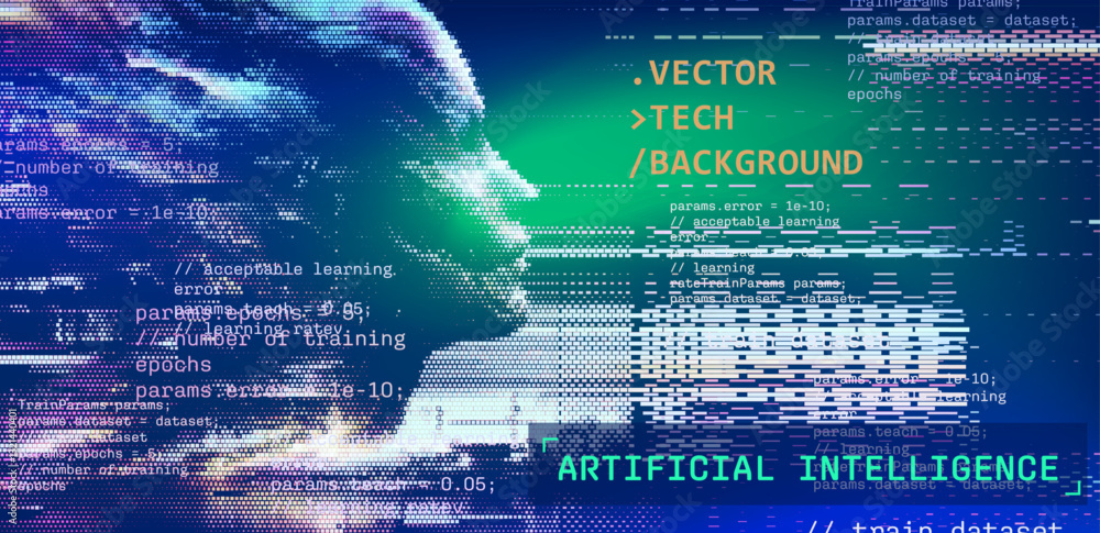 Aufkleber The vector illustration features a pixelated human face with lines of code on a blue background, highlighting 