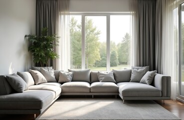 Modern gray living room features comfy sofa, soft carpet, window with garden view. Minimalist interior home design, with plant, curtains. Template of lounge with wall for real estate business promo.