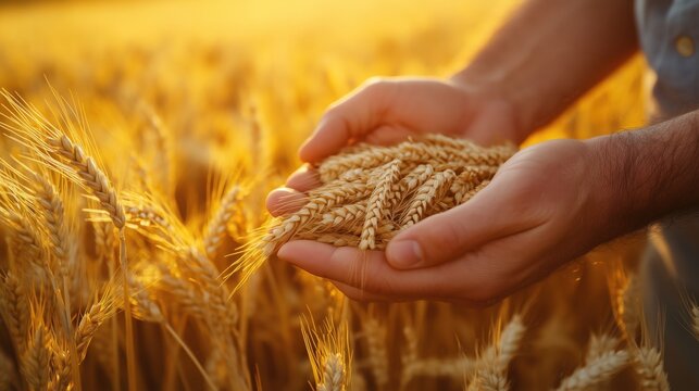 Close-up of hands holding wheat in the field, symbolizing agriculture and food production. 