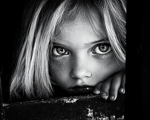 Intense Portrait of Young Girl Peering Through Dark Space with Emotional Expression