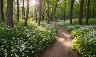 Obraz premium Enchanting woodland path lined with blooming wildflowers during springtime