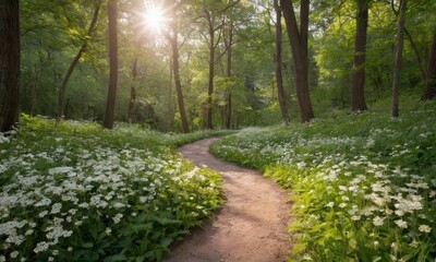 Fototapeta premium Sunlit Forest Path with Wildflowers and Tall Trees, Embracing Nature's Serenity