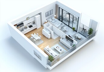 Modern Minimalist Apartment 3D Model White Walls, Light Wood Floors