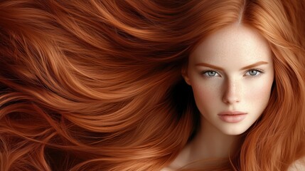 Naklejka premium a stunning red-haired model with long, flowing hair, showing off her hairstyling services. The bright, shiny copper color of her hair stands out, highlighting its texture and shine