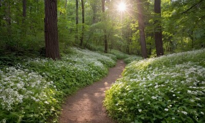 Fototapeta premium Enchanting forest trail with sunlight shining through the canopy of trees