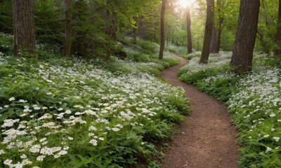 Obraz premium Enchanting forest pathway lined with delicate white flowers creating a serene and picturesque woodland scene