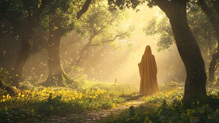 29. A divine healer standing in a sacred grove, their touch restoring life to withering plants