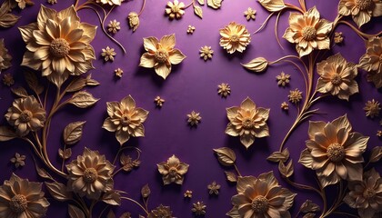 Elegant golden flowers with leaves on purple backdrop. Floral seamless pattern, vintage damask style. Royal ornament for decoration, art design, wallpaper, textile. Luxurious victorian background