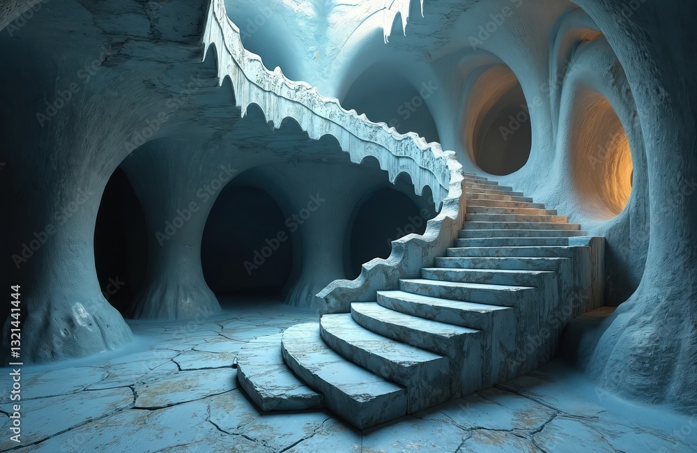 Aufkleber Abstract fractal spiral staircase architecture with cool tones, surreal depth. Three-dimensional render of geometric design pattern with infinite mathematical digital art. Fantasy stone structure