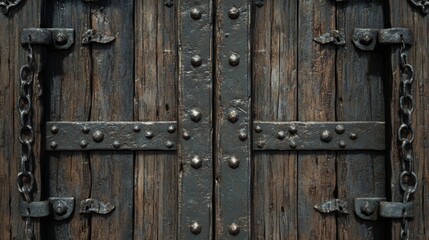 Fototapeta premium Dark brown wooden door with heavy black metal accents, rivets, and chains. Weathered texture, aged appearance