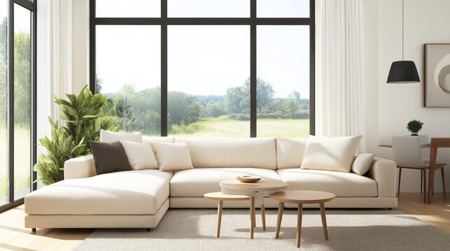 Dise&ntilde;o de interiores minimalista y escandinavo de una sala de estar moderna. Sala de estar luminosa con un moderno sof&aacute; modular beige, textiles suaves y grandes ventanales con vista a un paisaje sere