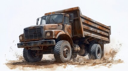 Rusty dump truck driving on a dirt road, watercolor painting. The truck is brown and shows signs of wear and tear. The background is mostly white.