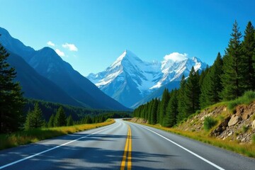 Naklejka premium Asphalt Ribbon Unwinding Towards Majestic Snow-Capped Peaks Under a Brilliant Blue Sky