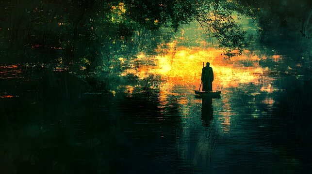 35. A river glowing with the light of lost souls, guided by an ethereal ferryman