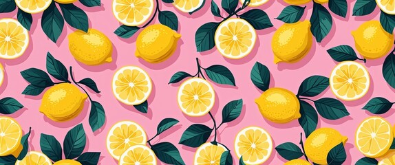 lemon pattern on pink plain background digital abstract art work illustration design