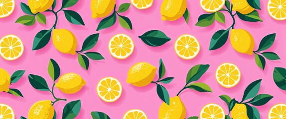 lemon pattern on pink plain background digital abstract art work illustration design