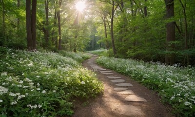 Obraz premium Sunlit Pathway Through a Lush Forest with Wildflowers in Abundance