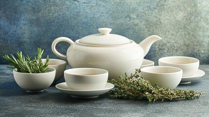 Modern Herbal Tea Set with Smooth Ceramic Teapot and Cups
