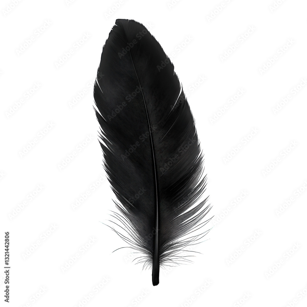 Poster a sleek black feather displayed against a white background showcasing its delicate structure and smo