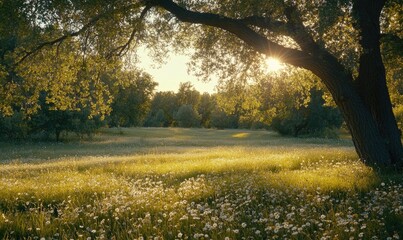 Fototapeta premium Sunlit meadow beneath a willow tree. Lush green foliage. Soft, golden sunlight filtering through the trees. A field of daisies