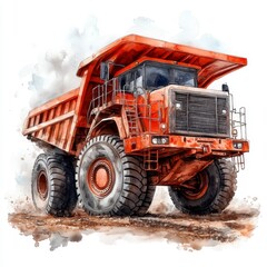 Obraz premium A rusty red mining dump truck on a dirt road, watercolor painting style. The truck is large and powerful, with large tires and a high capacity.