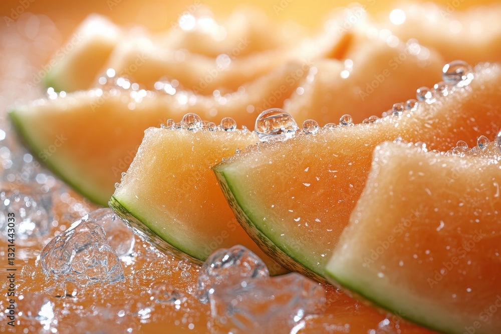 Poster refreshing cantaloupe slices with water droplets and ice crystals an invigorating and visually appea
