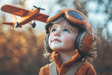 Fototapeta premium Dreamy child watches a toy plane fly.