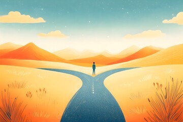 Illustration of a person standing at a fork in the road with two paths.