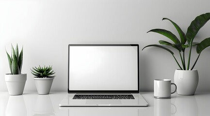 Laptop with Blank Screen on White Desk Surrounded by Potted Green Plants and a White Mug in a Well Lit Room