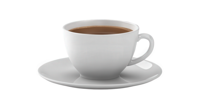 a simple white cup filled with brown coffee sits on a matching saucer emphasizing the warmth and comfort associated with enjoying a hot beverage