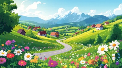 Serene mountain village nestled in rolling hills