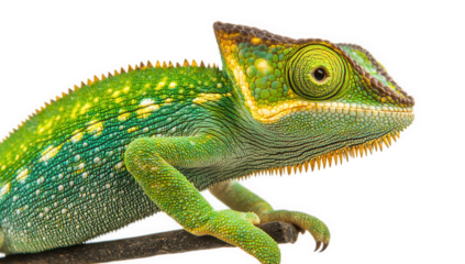 vibrant green chameleon perched on a branch showcasing its unique textures and colors against a white background