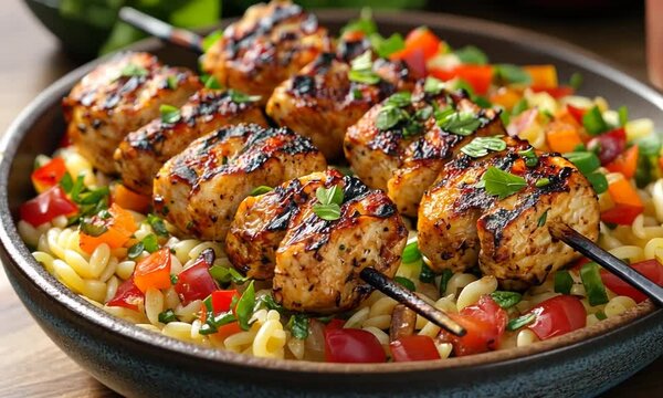 Grilled chicken skewers served on a bed of colorful orzo pasta with fresh vegetables